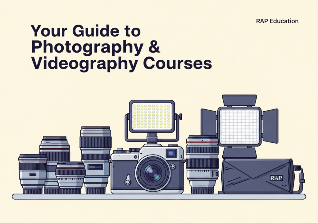 Photography and videography course illustration showing camera body, lenses, LED lights and gear, representing professional training at RAP Education.