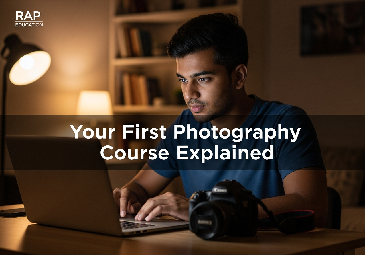 Indian photography aspirant researching a photography course for beginners on a laptop with a DSLR camera at night