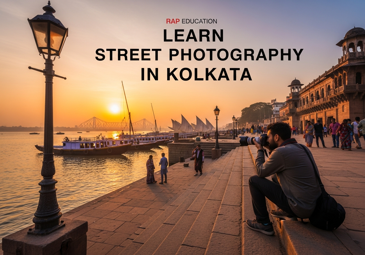 Photographer shooting on Kolkata streets and ghats at golden hour